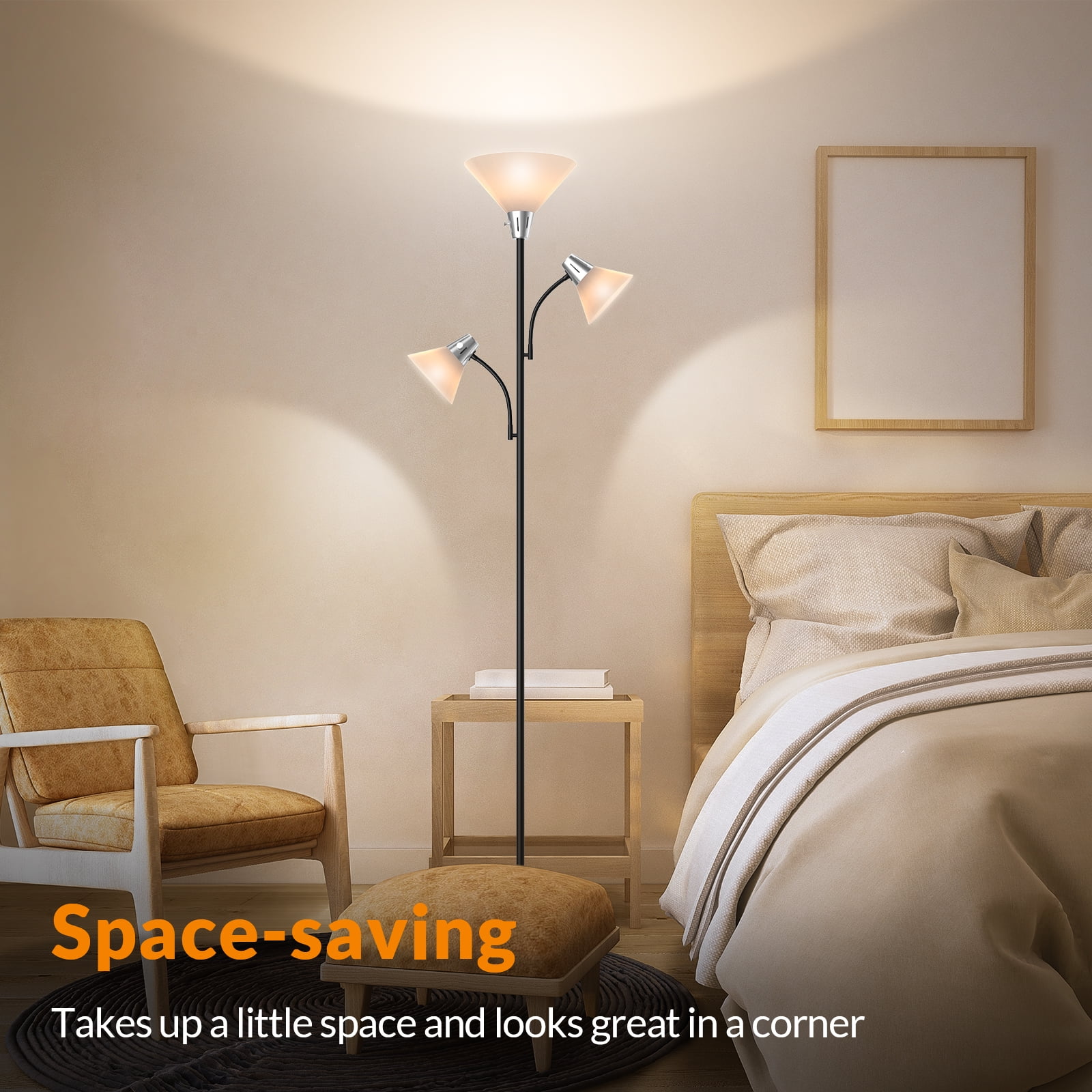 LEPOWER 3-Head LED Floor Lamp with Adjustable Reading Lights, 3000K Warm White, Modern Standing Lamp for Living Room, Bedroom, Office, Black