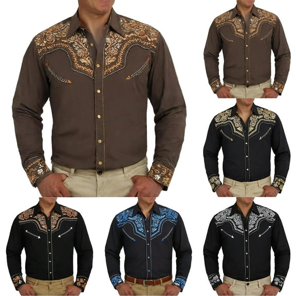 Men's Shirts Western Cowboy Embroidered Long Sleeve Button Down Lapel Business Blouses Casual Slim Fit Hawaiian Shirt for Men Blue L