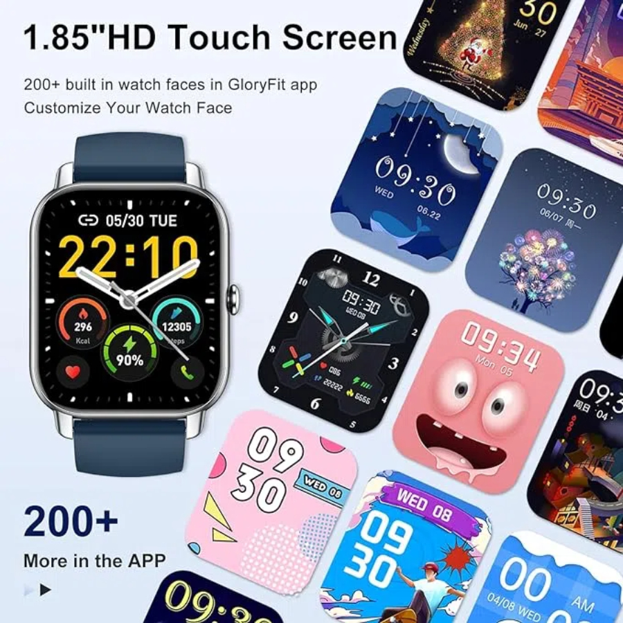 SupDevice Smart Watches for Women and Men, 1.85 in HD Silver Screen, Fitness Tracker, Heart Rate Monitor, Blue Silicone Band, New 1 Count