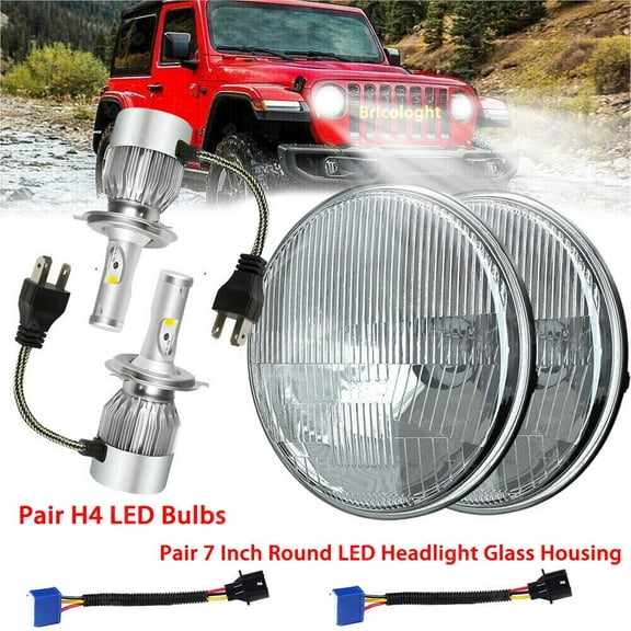 Pair 7" Inch Glass Round LED Headlights H4 Bulbs For Jeep Wrangler JK LJ TJ CJ A