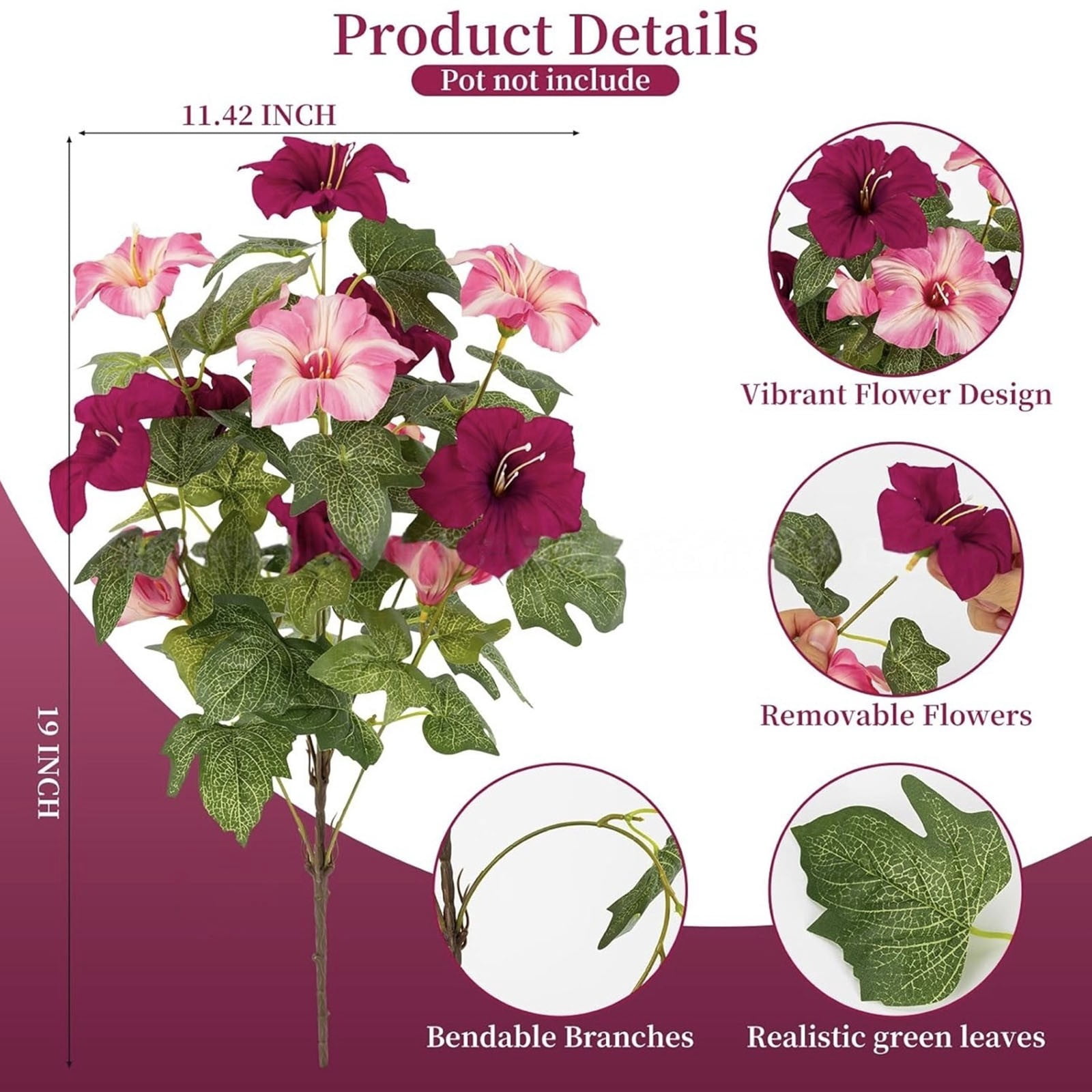 ZMKIAG UV Resistant Realistic Artificial Flowers for Outdoors – Fake Petunias Plants, Purple & White Silk Morning Glory – Faux Tropical Flowers for Planter, Porch, Patio, Yard, Garden, Window