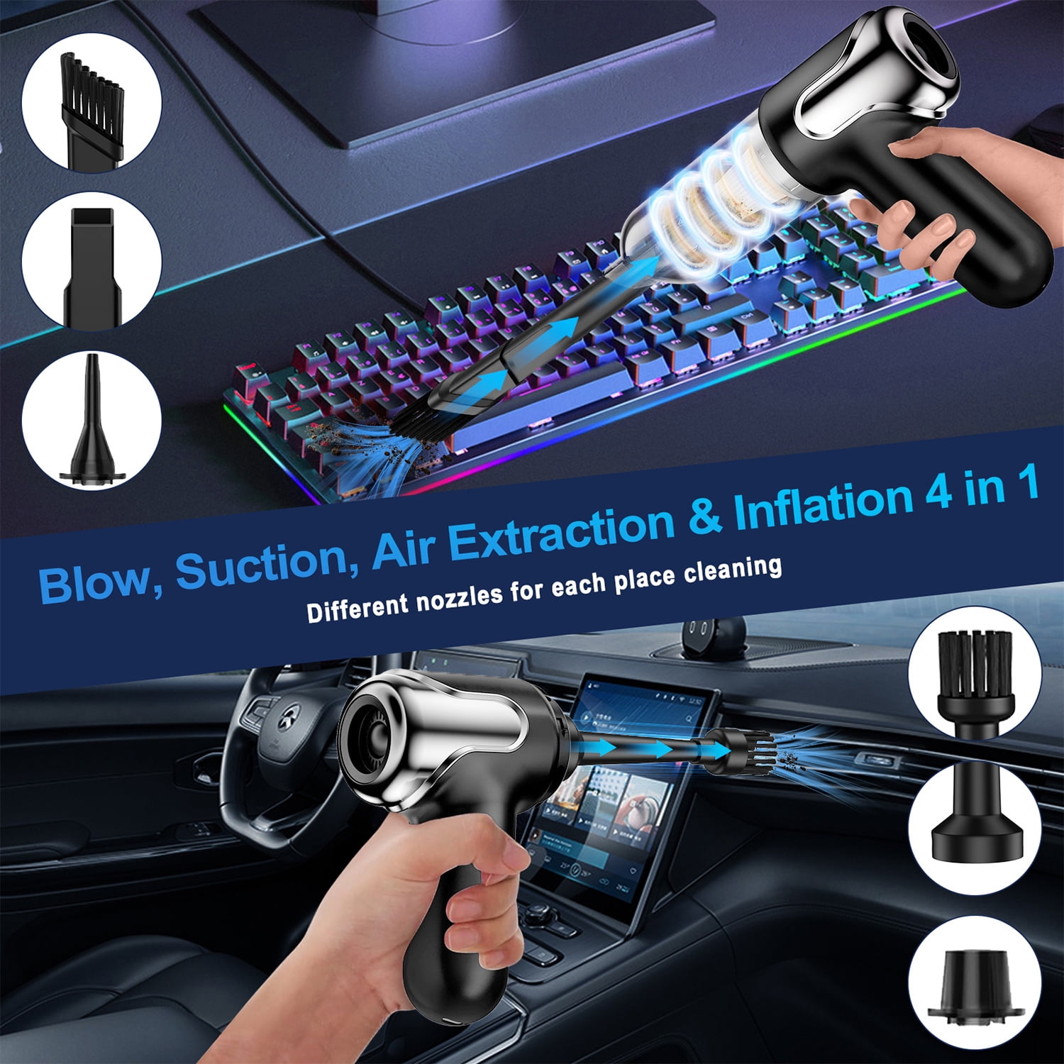 Wireless Handheld Car Vacuum Cleaner, 4 in 1 Portable Vacuum Cleaner, 20000Pa High Power Cordless Air Duster with Multi-Nozzles, Rechargeable Dust Busters for Car, Home, Office, Pet, Black