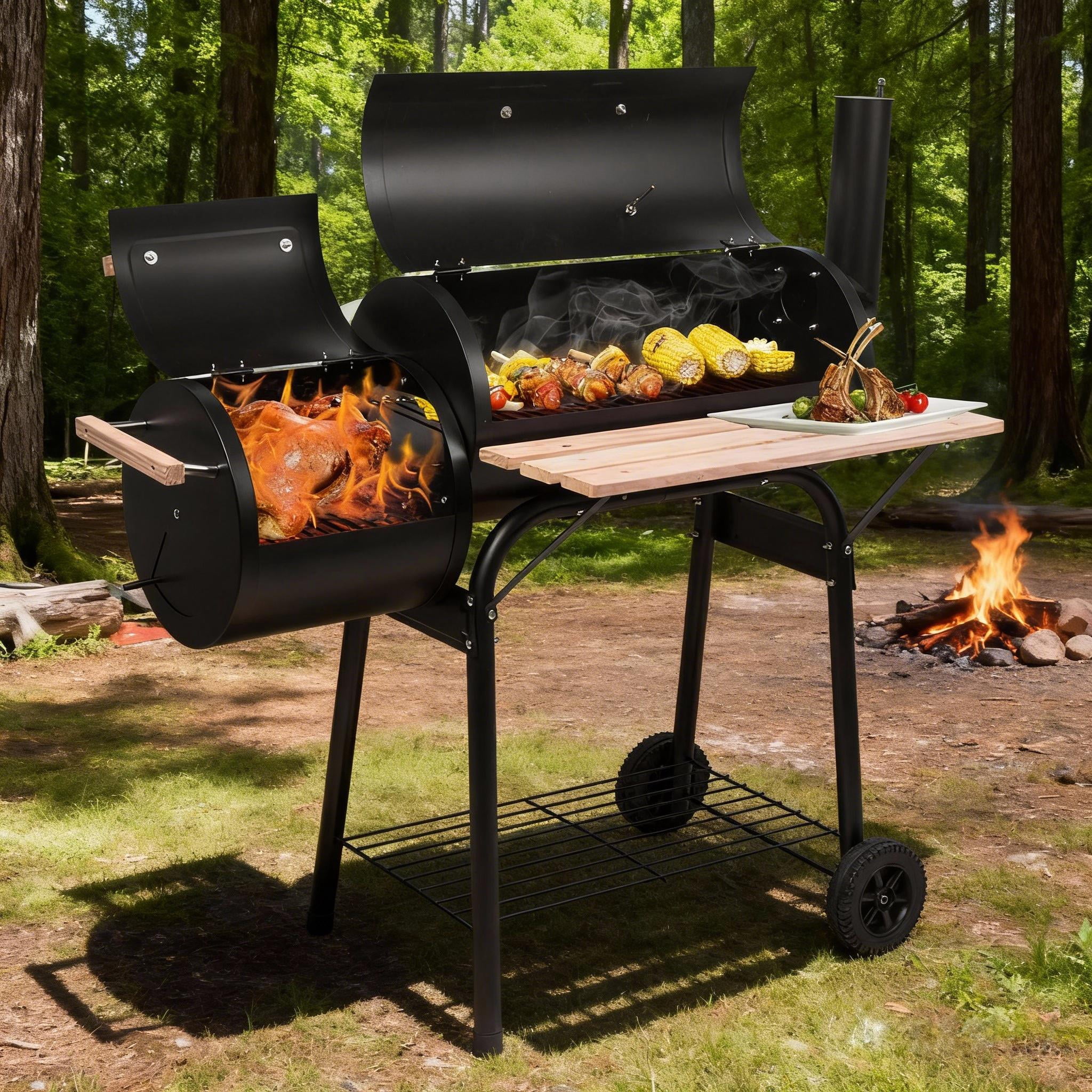 ENYOPRO Charcoal Grill,Outdoor BBQ Smoker Grill,Offset Smoker & Side Fire Box,with Thermometer,Wheels & Wooden Shelf for Backyard Patio Cooking