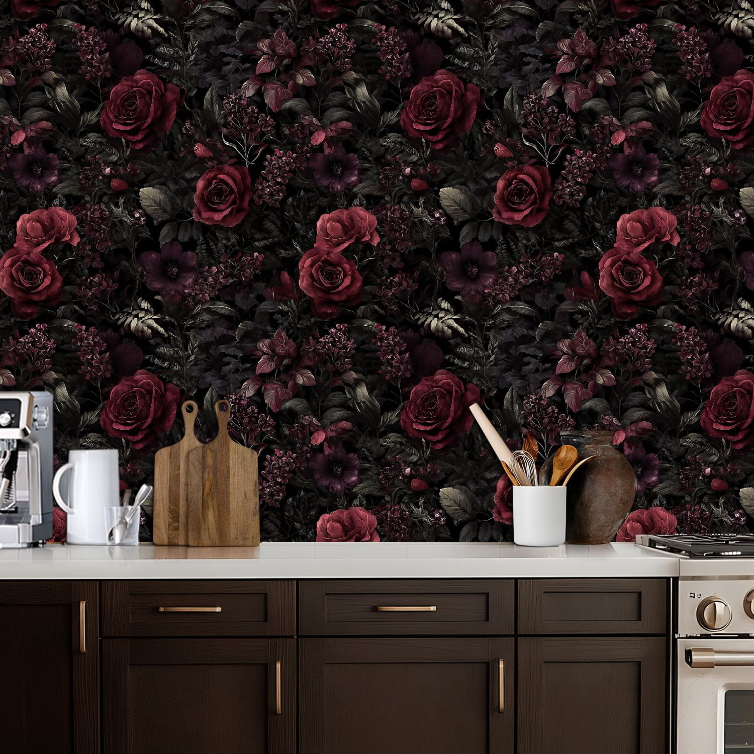 Peel and Stick Wallpaper Deep Burgundy Roses Dark Floral Black Wall Mural 17.7in x 9.8ft Self Adhesive Removable Wall Paper Renter Friendly Wallpaper for Nursery Bedroom Cabinets