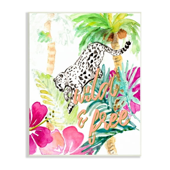 Stupell Industries Wild and Free Cheetah Palms Pink Hibiscus Floral Animals & Insects Painting Unframed Art Print Wall Art, 10 x 15