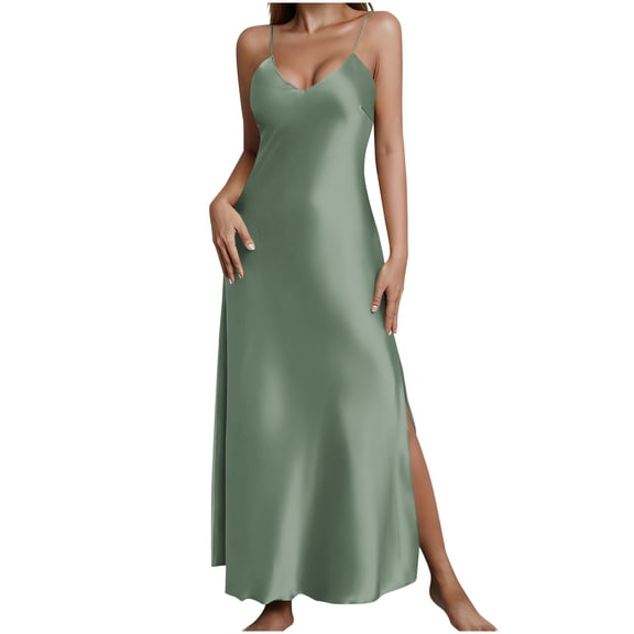 QSAWXQZ Women's Spaghetti Strap Satin Maxi Dress V Neck Sleeveless Slip Dress with Side Slit Solid Elegant Evening Party and Cocktail Dress Olive Green 2XL
