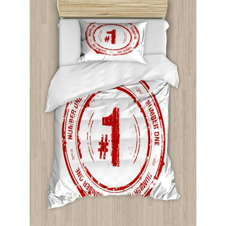 Number Twin Size Duvet Cover Set, Number One Old Fashioned Grunge Stamp at Top Best Leader Emblem Design, Decorative 2 Piece Bedding Set with 1 Pillow Sham, Vermilion and White, by (Best Tog Duvet For 2 Year Old)