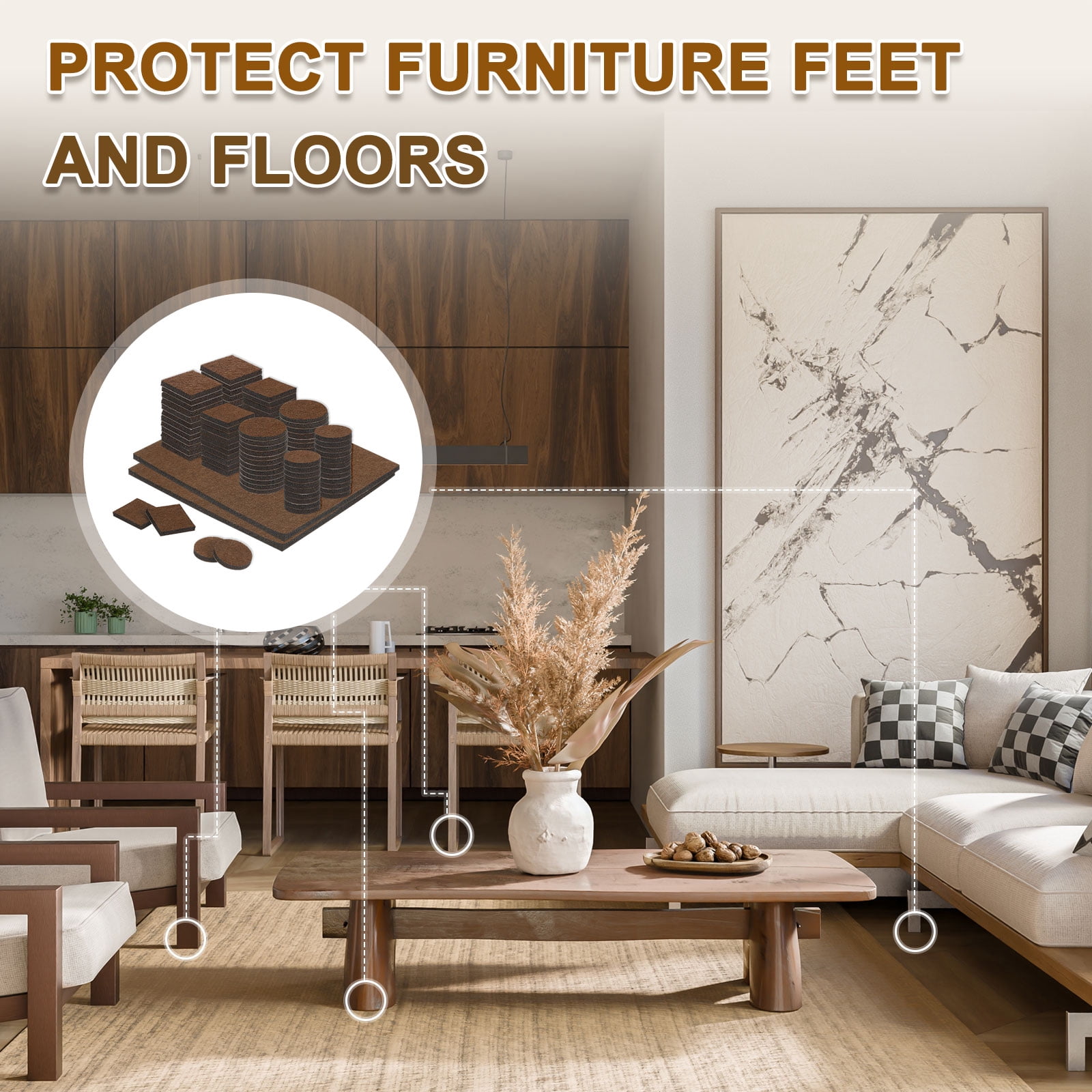 98Pcs Felt Furniture Pads, Pure Wool Felt Furniture Feet Wood Floor Protectors Self Adhesive for Protecting Hardwood Floors, Table Legs and Chair Legs, Brown