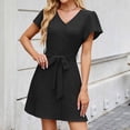 thumbnail image 4 of hotojiny Robes Chemises pour Femmes Décontractées à Volants Manches Courtes Col en V Mini-Robe Unie Tunique Boutonnée avec Ceinture Robes de Printemps, 4 of 7