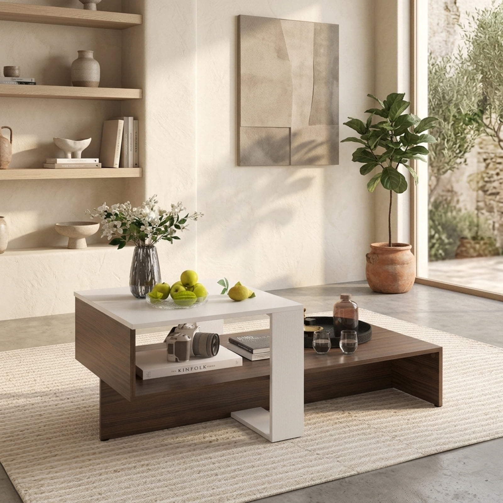 Furnibear 2 Tier Geometric Coffee Table with Storage Shelves a Compact Living Room Center Table for Small Spaces for Home and Living Space, White
