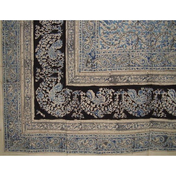 Veggie Dye Block Print Tapestry Cotton Bedspread 108" x 88" Full-Queen Blue