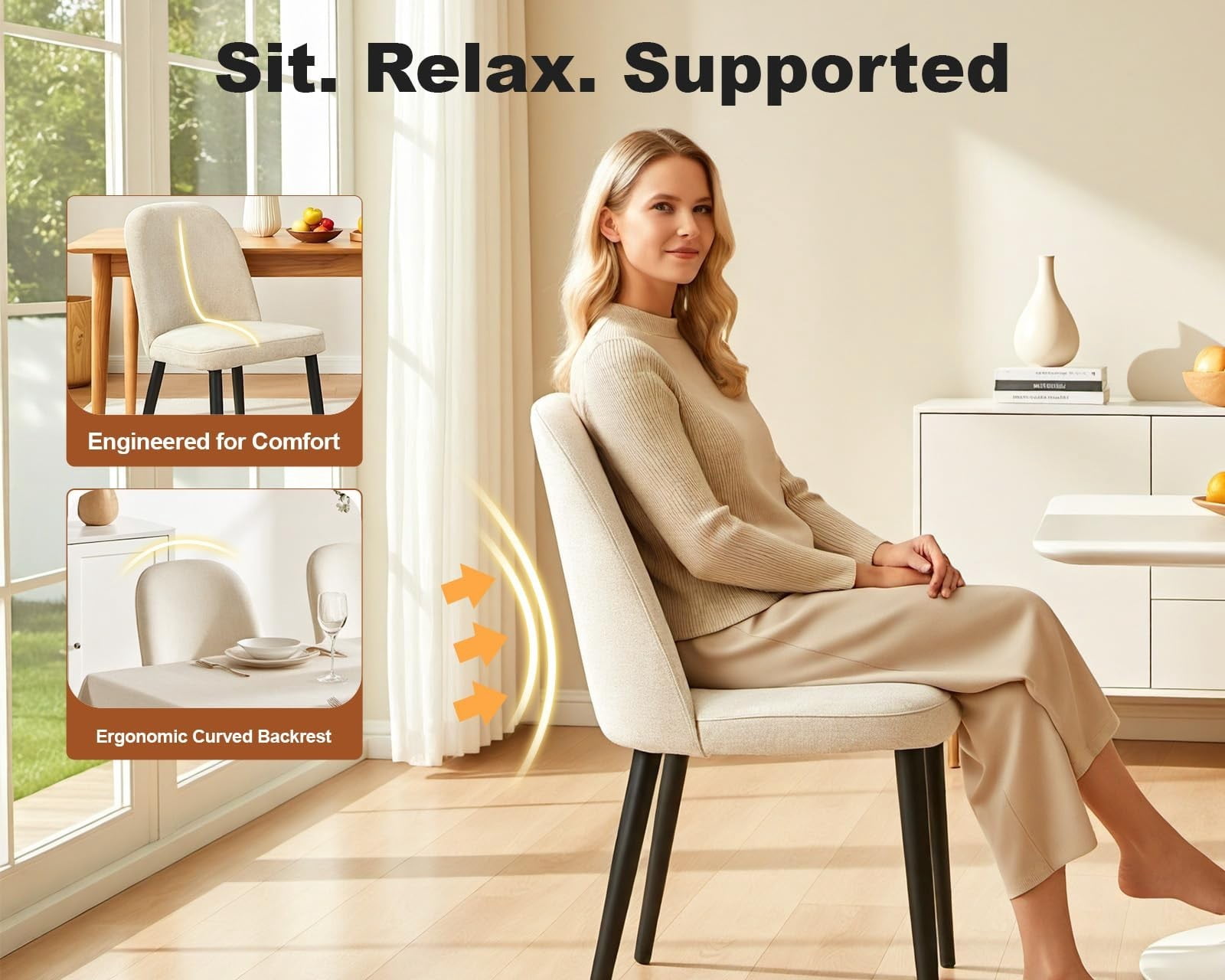 Fabric Dining Chairs Set of 4, Beige Upholstered Kitchen Chairs with Ergonomic Backrest and Metal Legs, Modern Armless Side Chairs for Dining Room, Restaurant, Living Room & Meeting Room