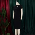 thumbnail image 6 of AURA Plus Size Bodycon Midi Dress High Waist Round Neck Short Sleeve Elegant Office Dress with Brooch Zipper, 6 of 9