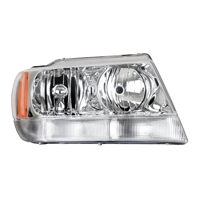 faro grand cherokee 1999 al 2004 jeep derecho/pasajero depo nuevo faro delantero derecho para Jeep Grand Cherokee 1999–2004 con fondo cromado y cuarto blanco, incluye cuarto/luces de giro lateral, ensamblado de una pieza, número de parte 25646-7552998. Vista frontal centrada del lente y reflector.