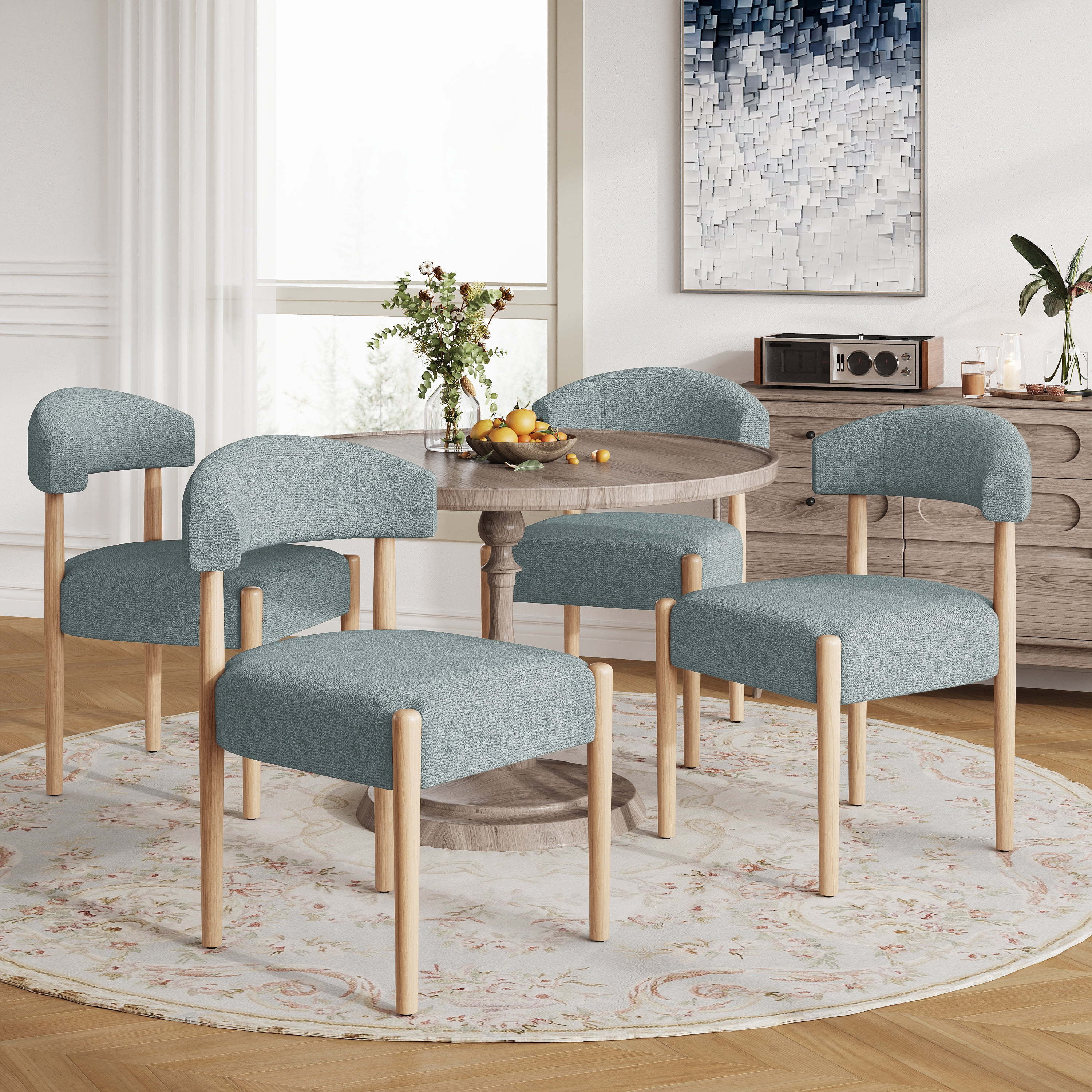 Vknow Furniture Minimalist Fabric Dining Chairs Set of 4 Solid Wood Legs Ergonomic Backrest for Dining Room Bedroom Study, Blue