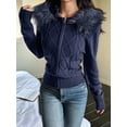 thumbnail image 5 of Women'S Zip Up Cardigan Sweater Cable Faux Fur Hoodies Long Sleeve Jacket Knit Outfits Y2K Navy Blue L, 5 of 9