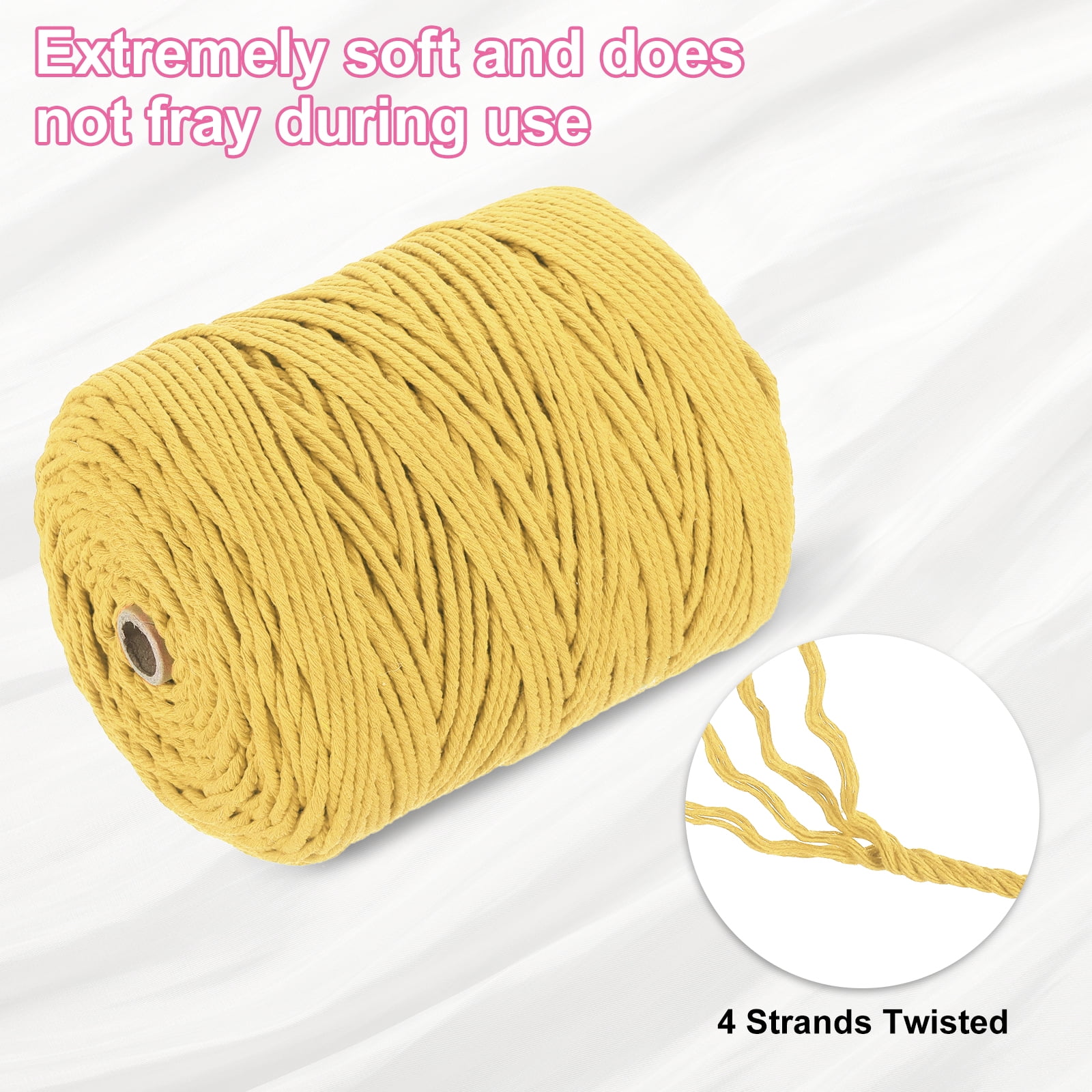 Uxcell Natural Macrame Cord 3mm x 328 Yards 4 Strand Twisted Cotton Macrame Rope for DIY Knitting Plant Wall Hanger Dreamcatcher, Lemon Yellow