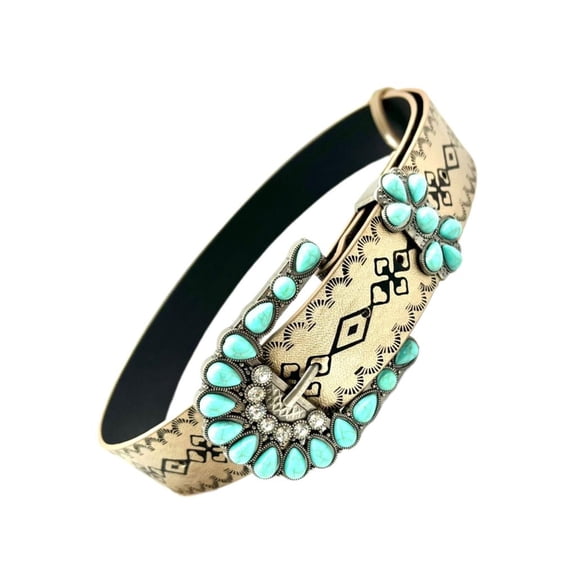Yammee Bohemian PU Belt for Girl Women Embossing Waistband Turquoises Buckle Cowgirls Belt