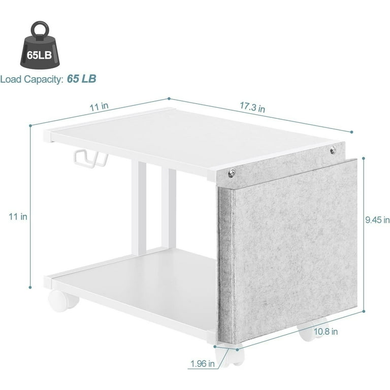 2Tier Under Desk Printer Table with Storage Wheels White Printer