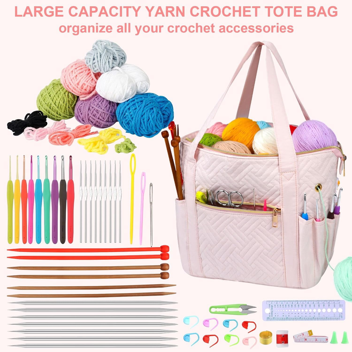 Crochet Bag Organizer for Yarn Storage, Velvet Knitting Tote Bag with Double Handle for Crochet Accessories, Portable Travel Case for Yarn Balls, Crochet Hooks& Knitting Needles Holder (Pink)