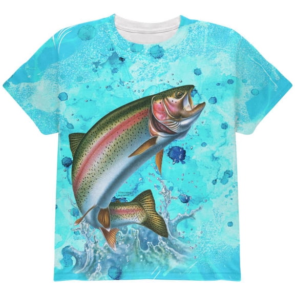 Rainbow Trout Jumping Splash All Over Youth T Shirt Multi YLG