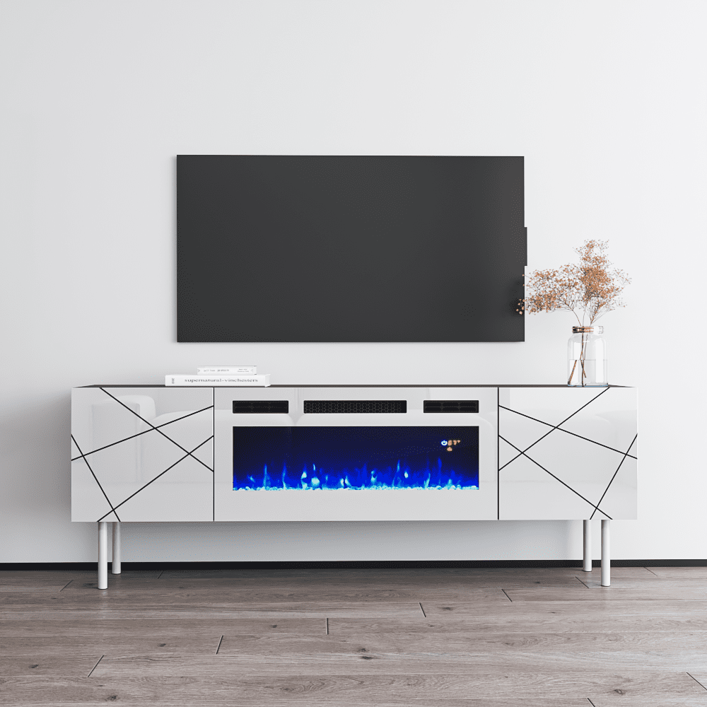 London WH-EF Fireplace TV Stand for TVs up to 70", Modern High Gloss 63" Entertainment Center, Electric Fireplace TV Media Console with Storage Cabinets