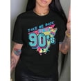 thumbnail image 1 of Regular Size 'Take Me Back to the 90s' Graphic Tee - Women's Retro-Inspired Casual Black T-Shirt with Colorful Geometric Design, Short Sleeves, Round Neck - Stretchy Cotton Blend, Machine Washable, A, 1 of 7