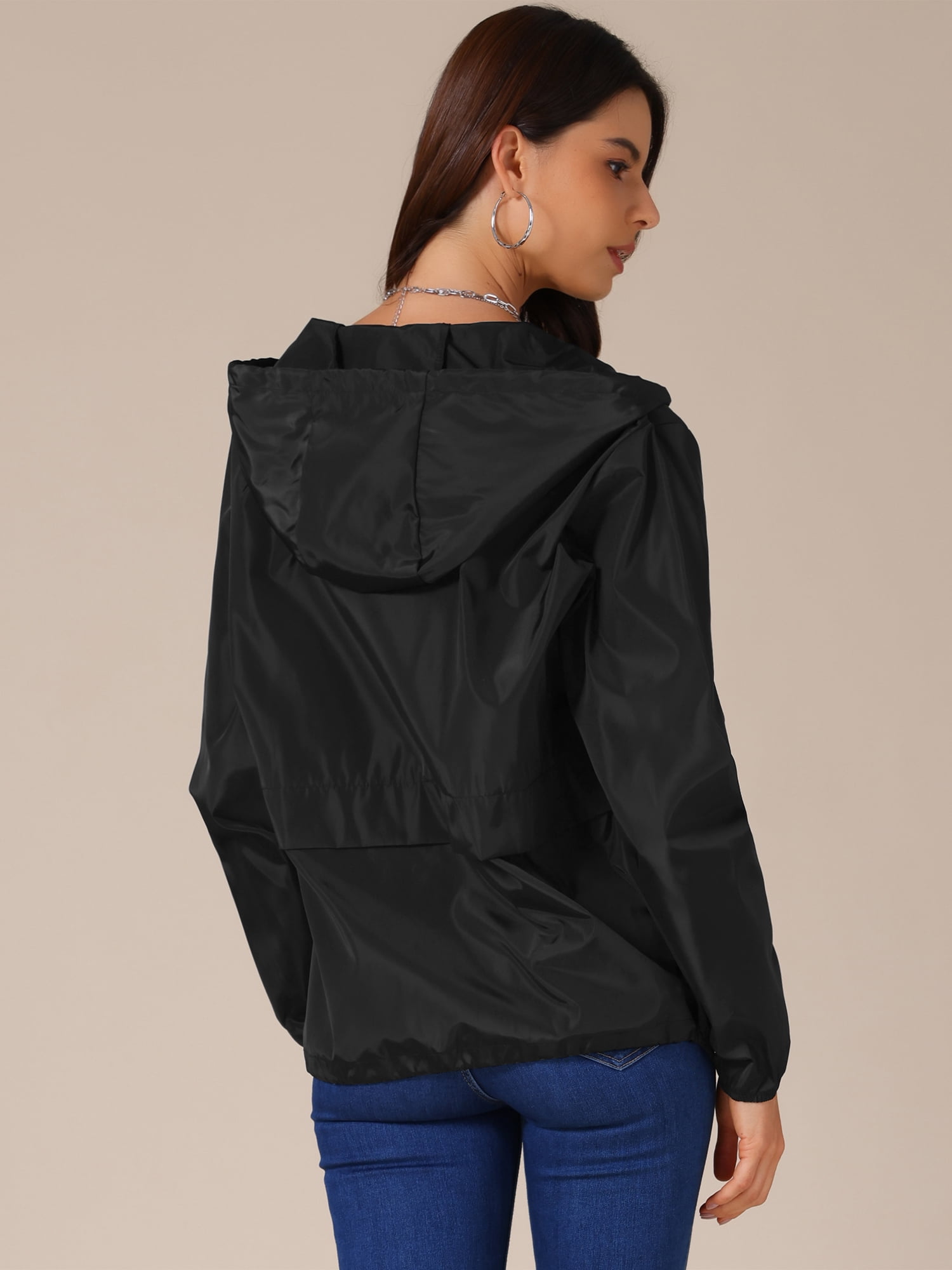 DARING DIVA Women's Lightweight Windbreaker Jacket with Hood Pockets L Black