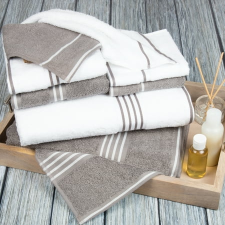 Lavish Home 8-Piece 100% Cotton Complete Bath Towels Set, White and Silver