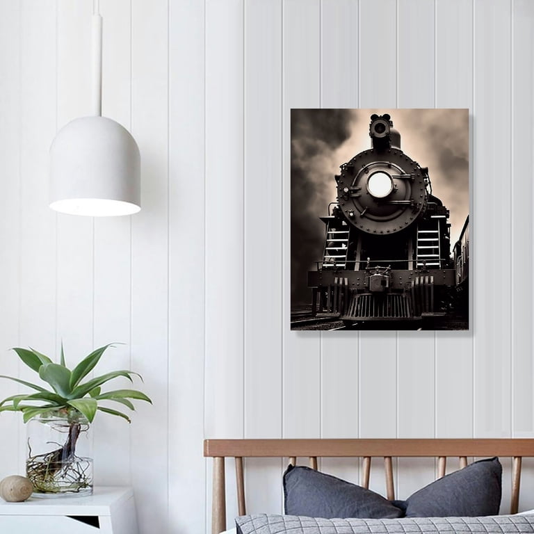 Vintage Steam Train Canvas Art – Retro Sepia Brown Wall Decor, Large 32x12 Inches