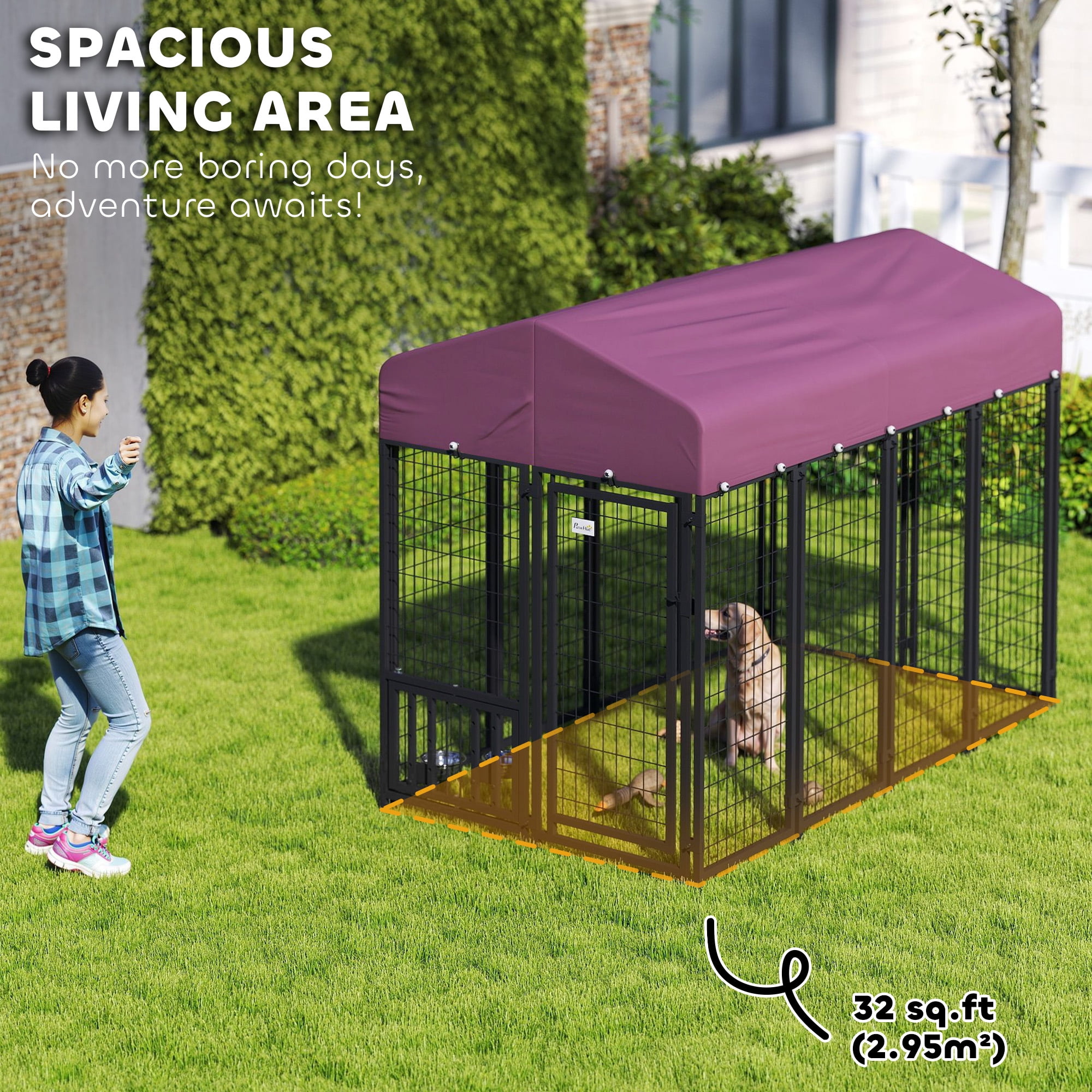 PawHut Outdoor Dog Kennel, Welded Wire Dog Run with 360° Rotating & 4 Levels Adjustable Bowls, Waterproof & UV Resistant Cover, 7.9' x 4' x 6'