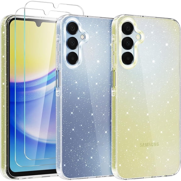 3-in-1 Glitter Case for Samsung Galaxy A15 5G 6.5 Inch with Screen Protector [2 Pack], Cute Clear Glitter Bling Sparkle Galaxy A15 5G Phone Case Slim Soft Shockproof Cover for Women Girls