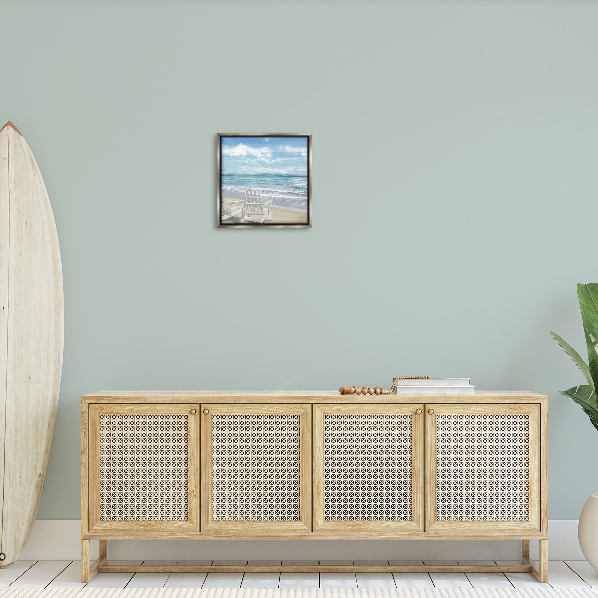 Stupell Industries White Adirondack Chairs on Beach Landscape Painting Gray Floater Framed Canvas Art Print Wall Art, 18 x 18