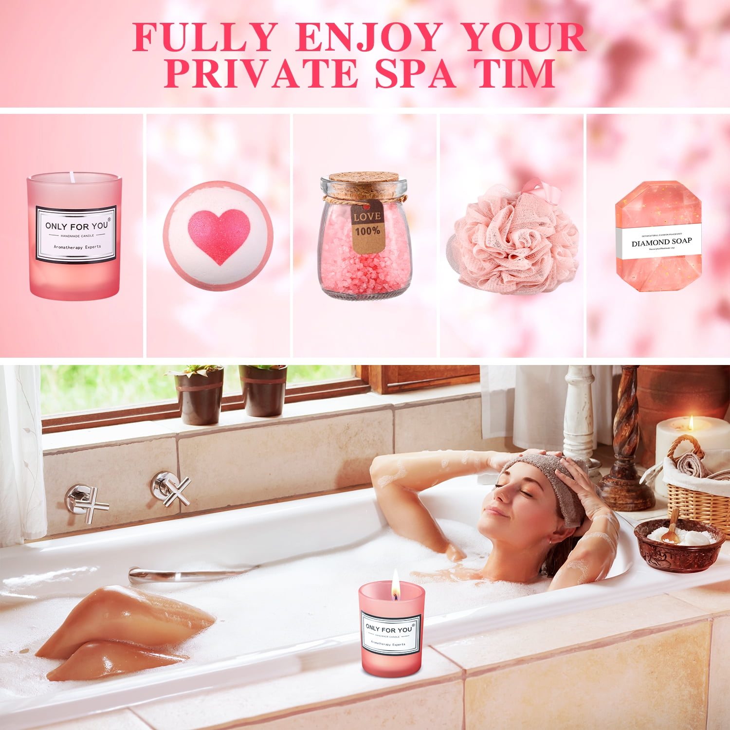 Aofmee Gift Baskets for Women, 8 Pcs Spa Rose Bath Care Set, Holiday & Graduation Gifts, Birthday Gift for Women, Pink