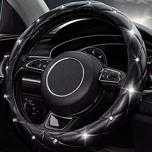 Car Steering Wheel Cover Accessories for Family Girl（Black） Womens Bling Steering Wheel Covers with Diamond Microfiber Leather Crystal Rhinestones Universal 15 Inch 