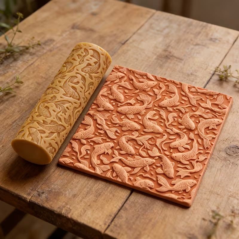 Koi Textured Embossed Polymer Clay Roller  A must-have texturing tool for ceramic sculptures