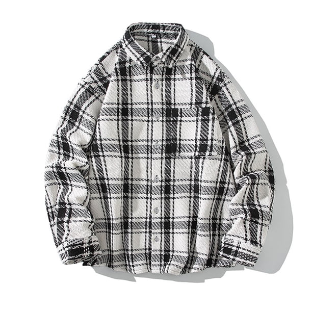 Blusa y camisa de manga larga con cuello vuelto para hombre, estilo informal, a cuadros, con bolsillos y botones, de licra