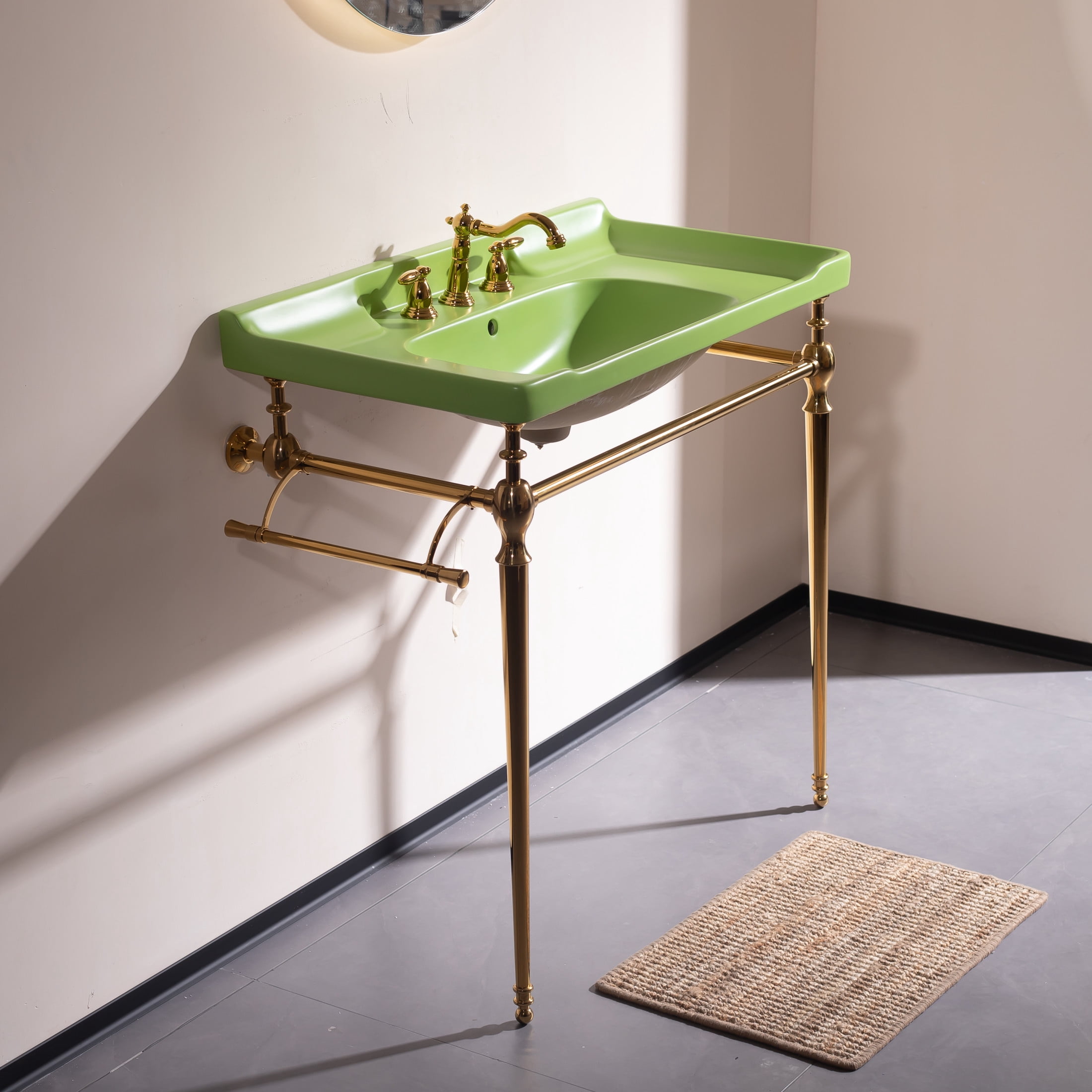 Noble House VICI 36" Bathroom Console Sink, Wall-Mounted Ceramic Basin Vanity with Stainless Steel Legs, Green & Gold