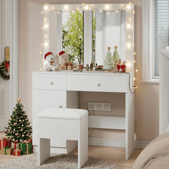 Haewon 32" Vanity Desk with Large Mirror, LED Lights, AC Outlet, USB Ports, Make up Vanity Desk with Mirror and Lights andDrawer & Storage Cabinet, Vanity Set with Cushioned Stool