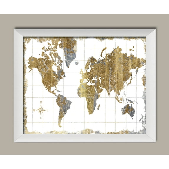 Beautiful Gold, Grey and White Map of The World by Wild Apple Portfolio; One 14x11in White Framed Print