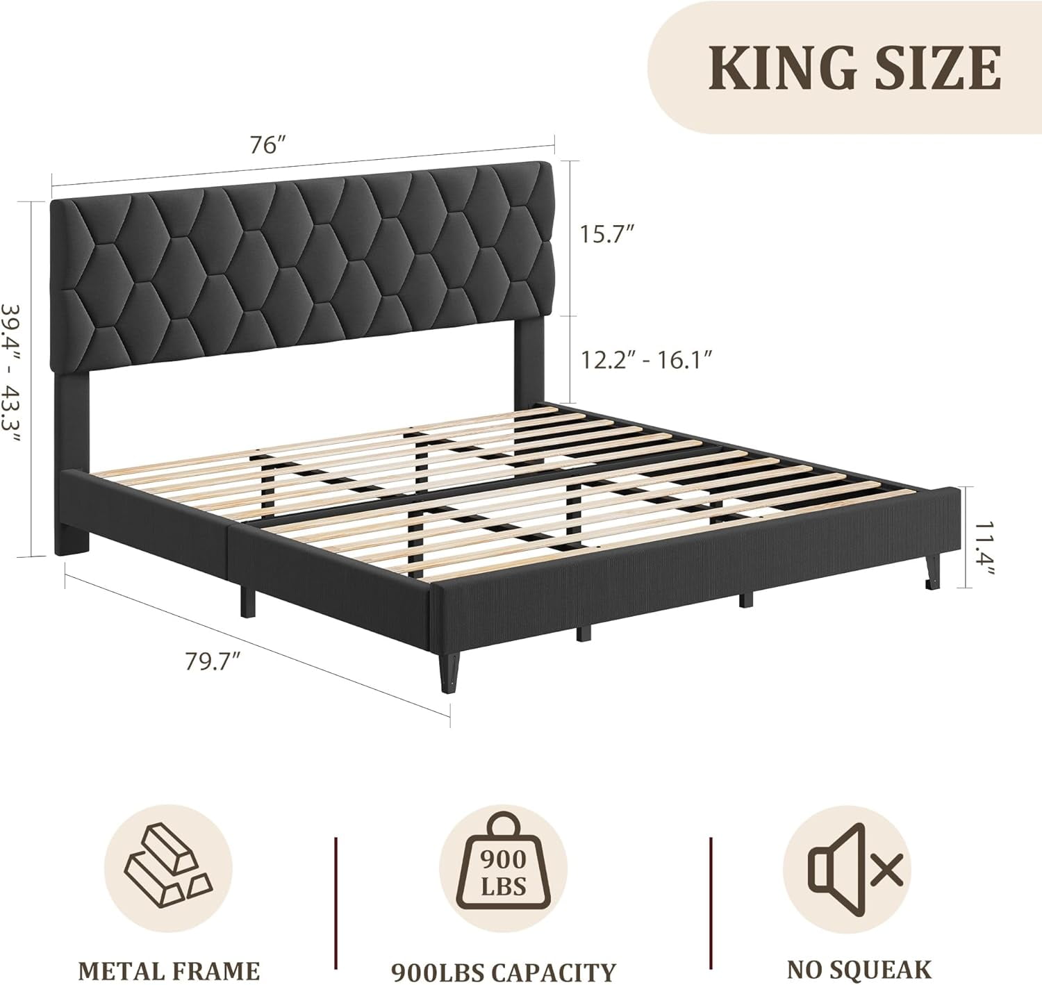 King Size Platform Bed Frame with Upholstered Headboard and Wooden Slats Support, Upholstered Mattress Foundation/No Box Spring Needed/Easy Assembly, Grey