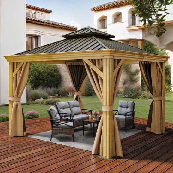 ModFusion 10 'x 10' Aluminum Frame with Double Roof Hardtop Gazebo, Netting and Curtains in Brown