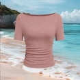thumbnail image 3 of Uaswgudfs Women's Boat Neck Ruched Short Sleeve Tops Fitted Ribbed Knit T-Shirts Y2k Basic Tees for 2026 Spring Summer Outfits Pink S, 3 of 5