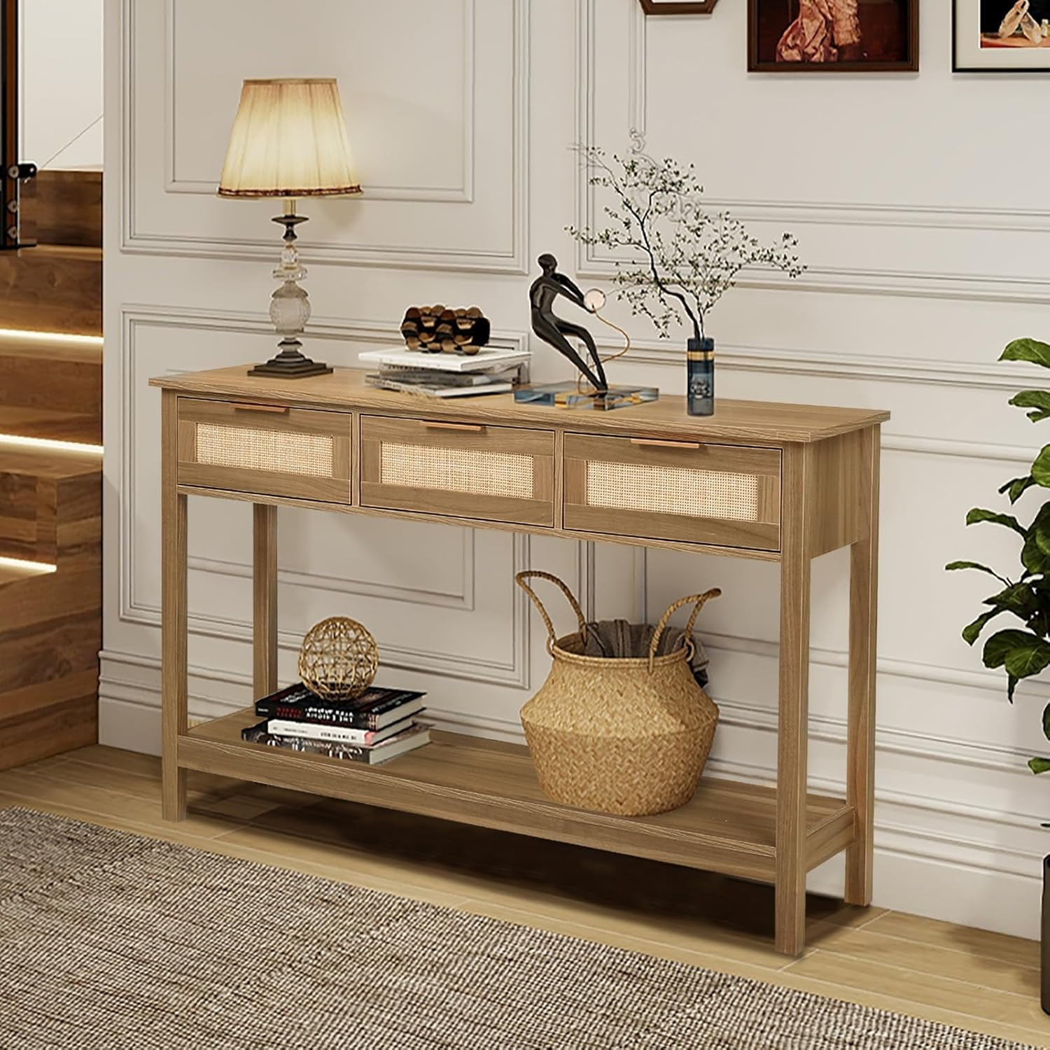 LAZZO 51” Boho Rattan Console Table, Narrow Entryway Table with 3 Drawers & Open Shelf, Brown
