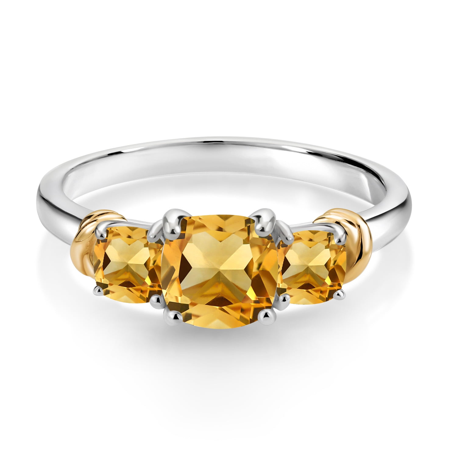 Gem Stone King 925 Sterling Silver and 10K Yellow Gold Yellow Citrine 3 Stone Engagement Ring for Women (1.53 Cttw, Cushion Cut 6MM and 4MM, Available in Size 5, 6, 7, 8, 9)