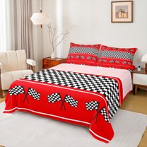 Castle Fairy Checkered Flag 4pcs Bed Sheets,Geometric Plaid King Sheets,Racing Car Super Cozy Sheet Set,Lightweight Sport Room Decor
