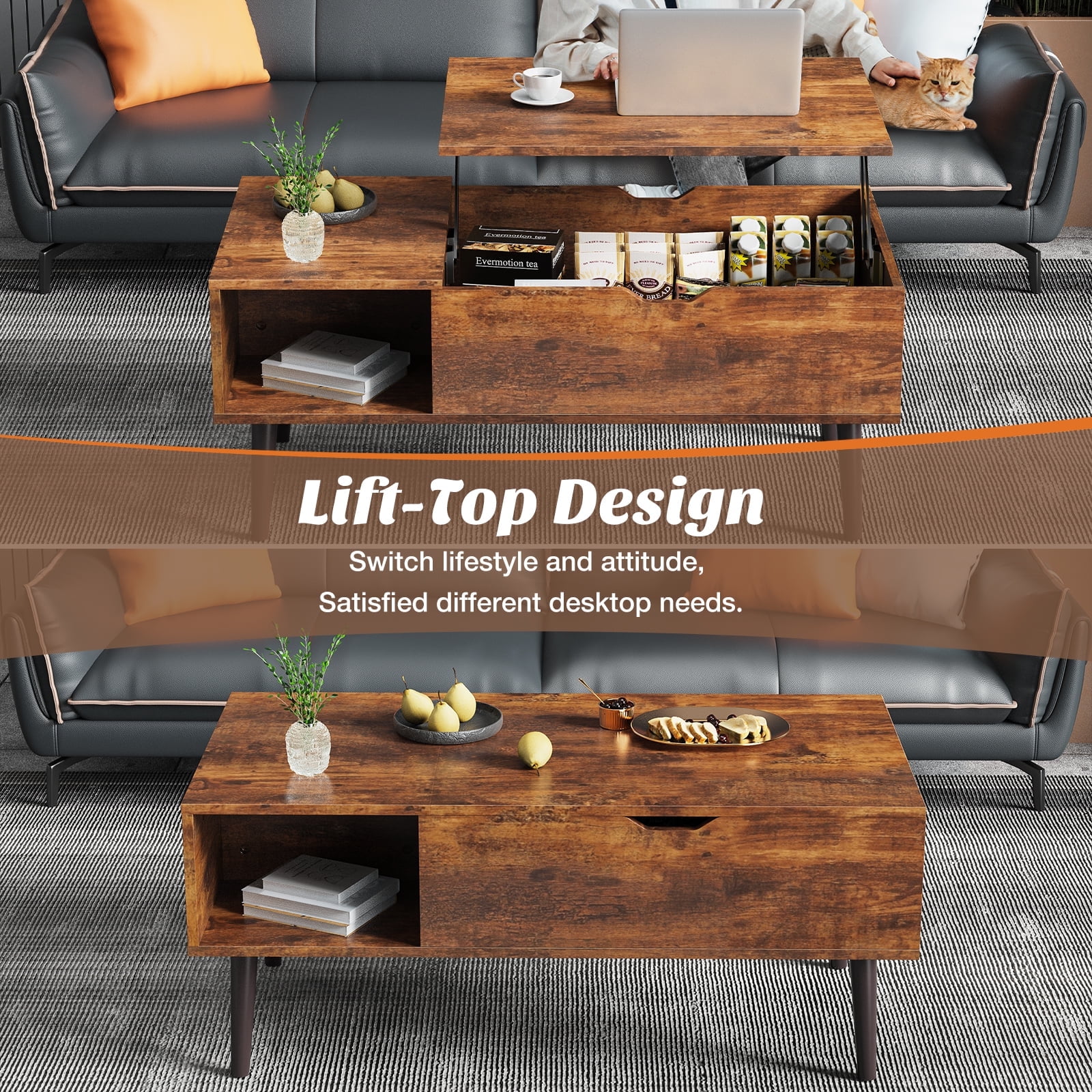 Living Room Table, Lift Top Coffee Table, Dining Center Tables with Storage Shelf and Hidden Compartment, Brown