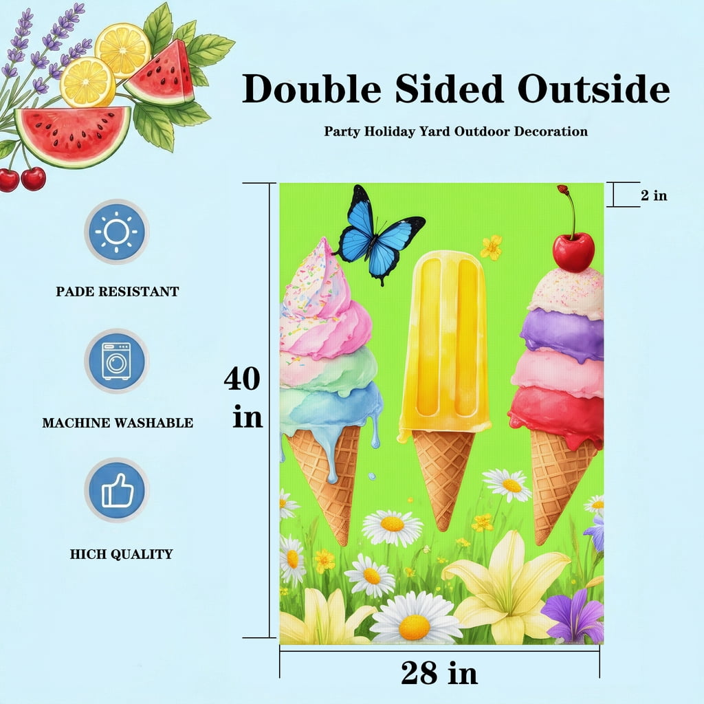 Seasonal Summer Garden Flags A Group of Ice Cream Cones Sitting on Top of a Lush Green Field Decorative Full Size 28x40" Guest Welcome Flag.