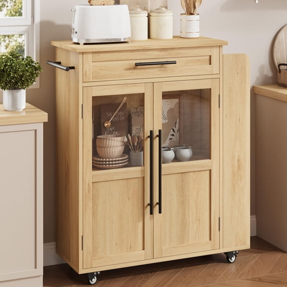 Mobile Kitchen Island Cart With Storage- 360° Rolling Wheels, Drawers, Spice Rack, Black Handle, Versatile Storage and Serving Cart for Kitchen and Dining Room, Small Kitchen Island On Wheels With L