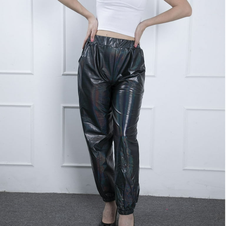 Women Metallic Shiny Pants 70s 80s Disco Punk Trousers Low Rise